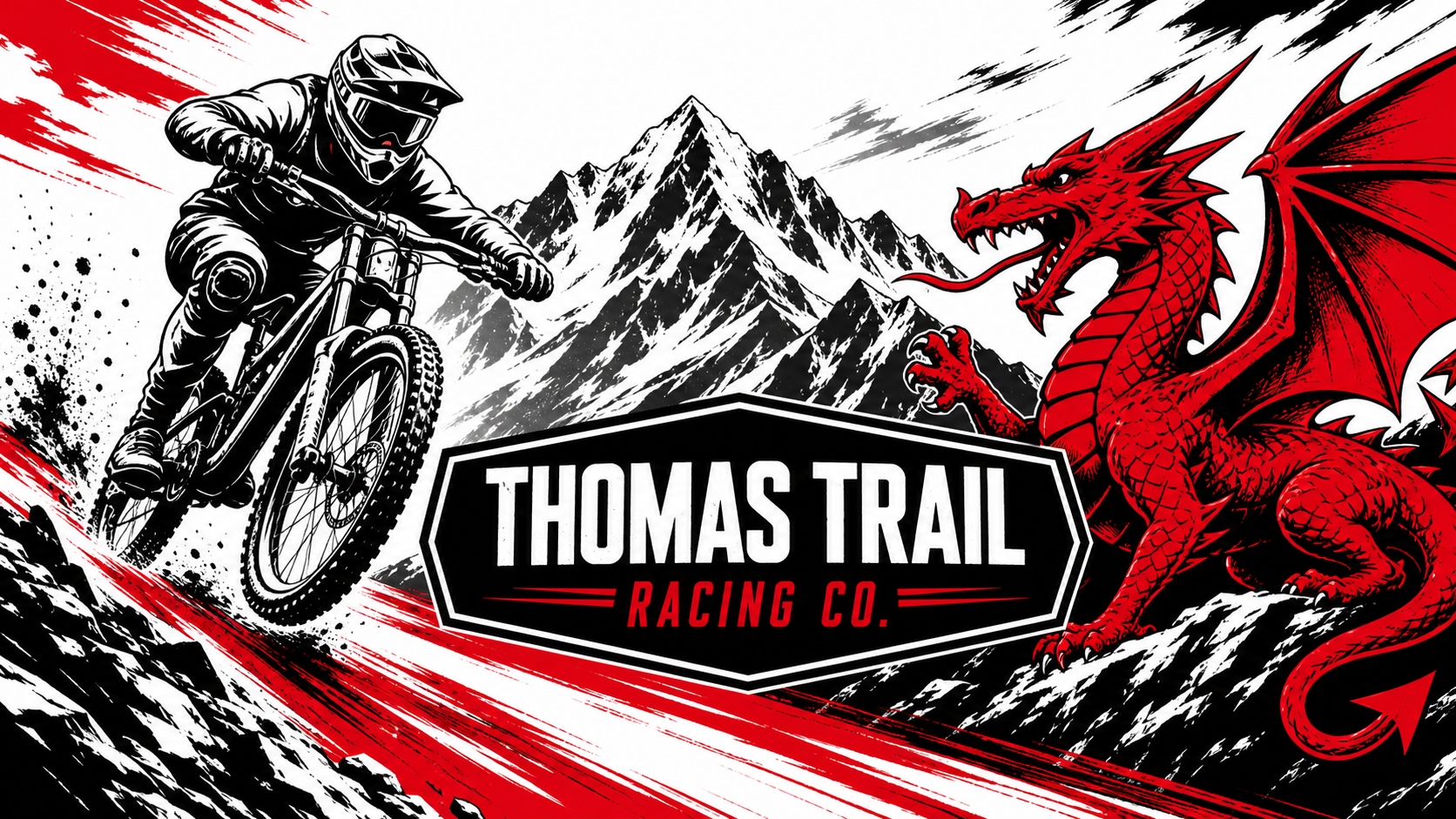 Thomas Trail Racing Co. banner: Alfie Thomas descending a Welsh mountain trail on his downhill bike beside a red Welsh dragon and mountain range, with the Thomas Trail Racing Co. logo badge.